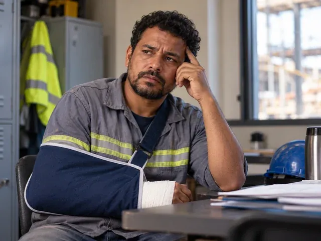 Trabalhador com a mão enfaixada depois de um acidente de trabalho