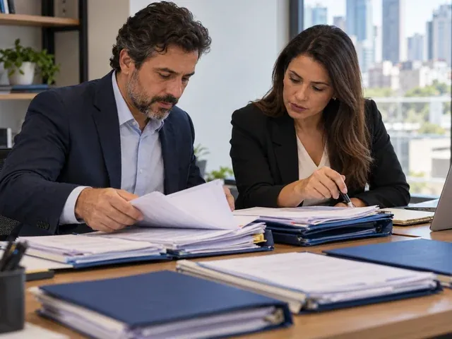 Pastas de documentos trabalhistas de uma pequena empresa organizadas para revisão