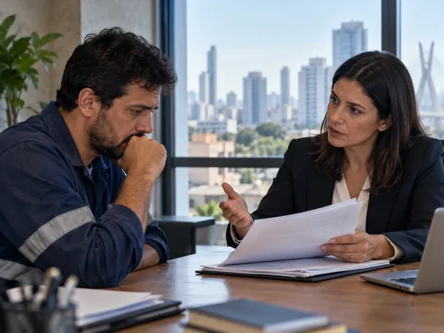 Trabalhador analisa documentos da rescisão e seus direitos, em uma conversa sobre justa causa por abandono de emprego: quando vale e como se defender