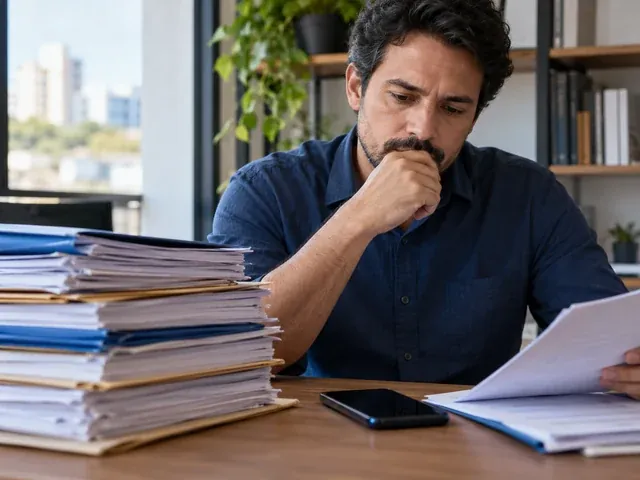 Pilha de guias sobre processo trabalhista ao lado de um celular