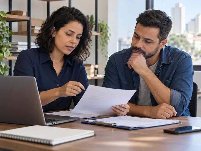 Gestor de pequena empresa revisa documentos trabalhistas no escritório, em uma conversa sobre contratar mei como prestador: cuidados para não gerar vínculo