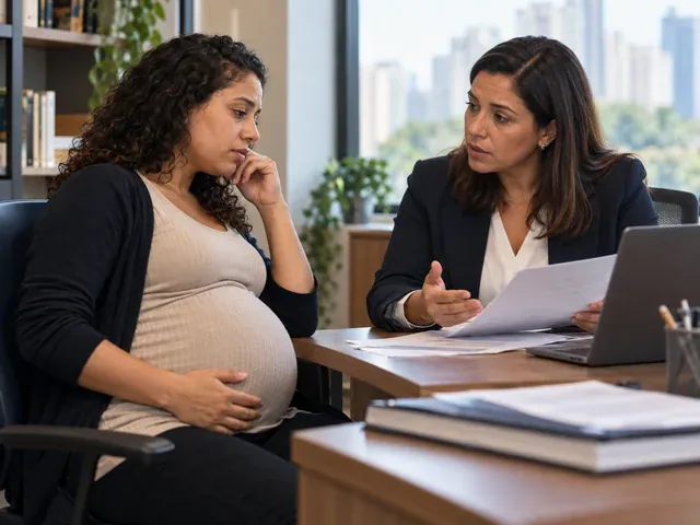 Trabalhadora gestante conversa sobre documentos e estabilidade no emprego, em uma conversa sobre demitida grávida: indenização ou voltar ao emprego?