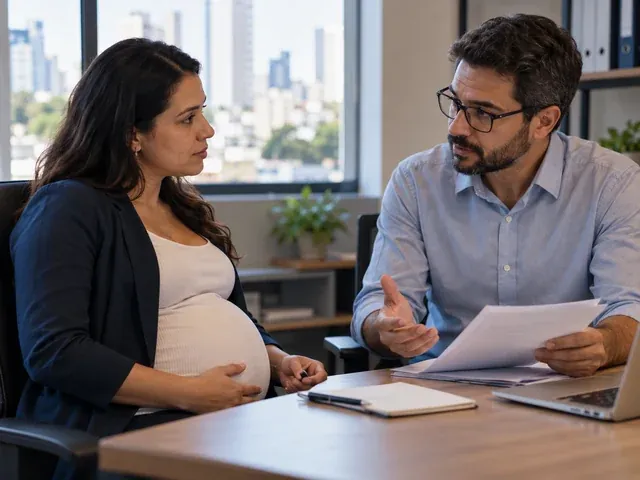 Trabalhadora gestante conversa sobre documentos e estabilidade no emprego, em uma conversa sobre pode demitir grávida? o que a empresa precisa saber