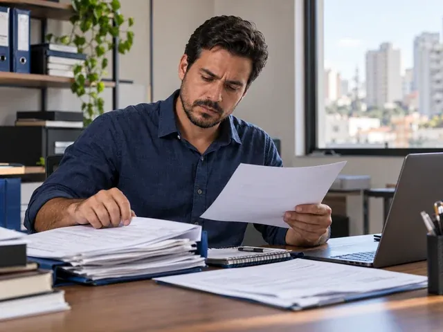 Dono de empresa organizando documentos depois de receber uma reclamação trabalhista