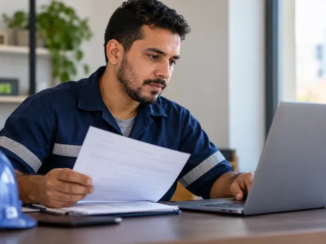 Trabalhador analisa documentos da rescisão e seus direitos, em uma conversa sobre multa de 40% do fgts: quem tem direito e como conferir