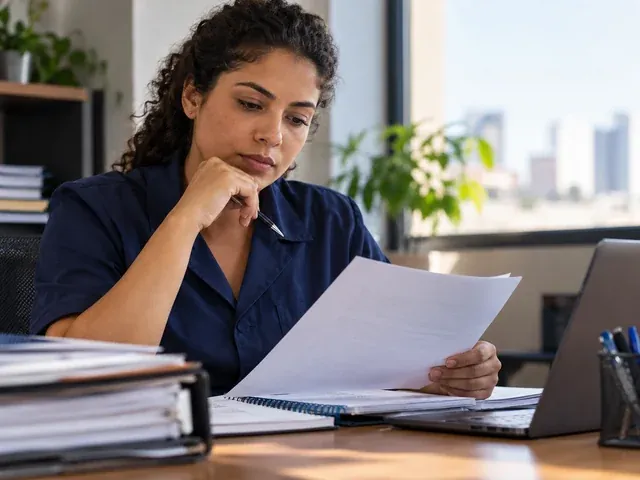 Gestor de pequena empresa revisa documentos trabalhistas no escritório, em uma conversa sobre prazo para processar a empresa: 2 e 5 anos com exemplos