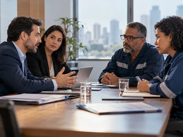 Representantes da empresa e do sindicato reunidos em uma mesa de negociação