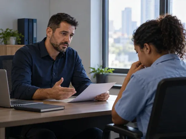 Empregador conversando com um funcionário em uma reunião de desligamento