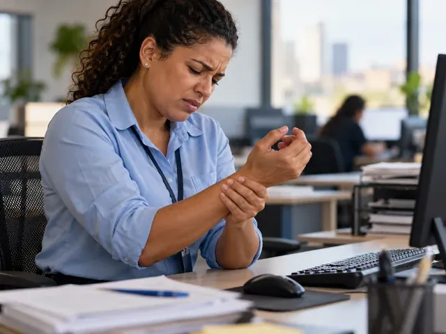 Trabalhadora com dor no punho depois de anos de movimentos repetitivos no trabalho