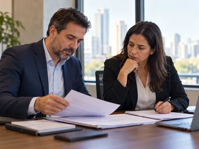 Comprador e vendedor de uma empresa revisando documentos antes da assinatura