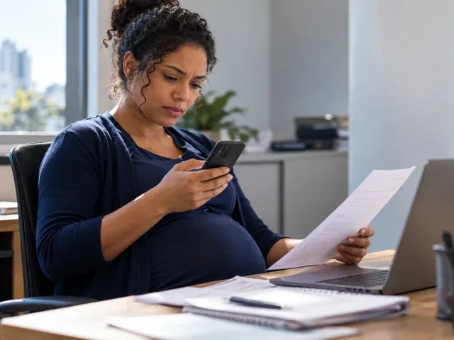 Trabalhadora grávida conferindo documentos do emprego no celular