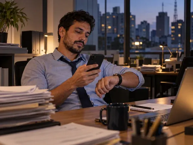 Trabalhador batendo o ponto à noite depois de uma jornada longa