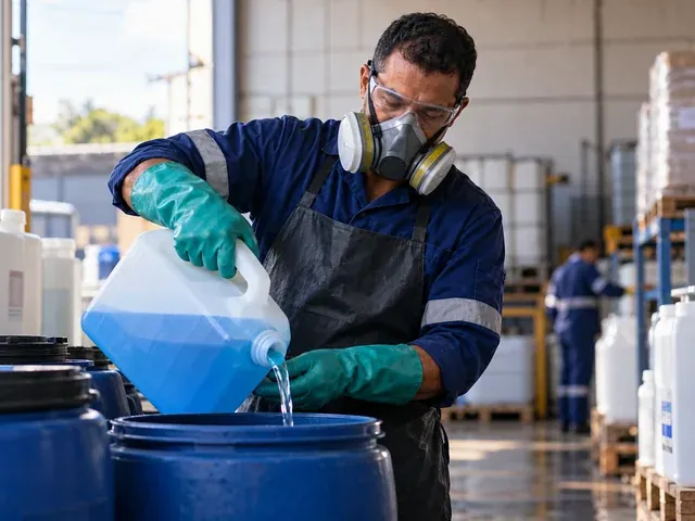 Trabalhador usando luvas e máscara ao manusear produtos químicos