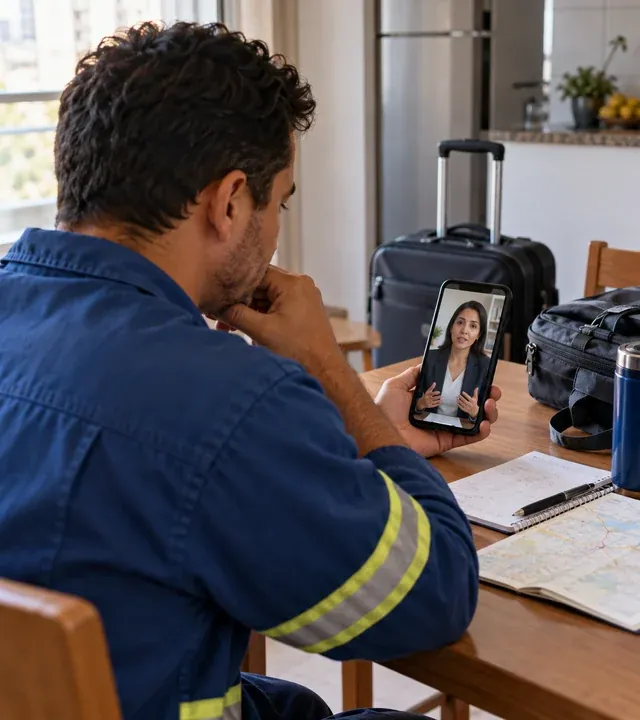 Trabalhador contando o problema do emprego para a advogada pelo celular, em casa